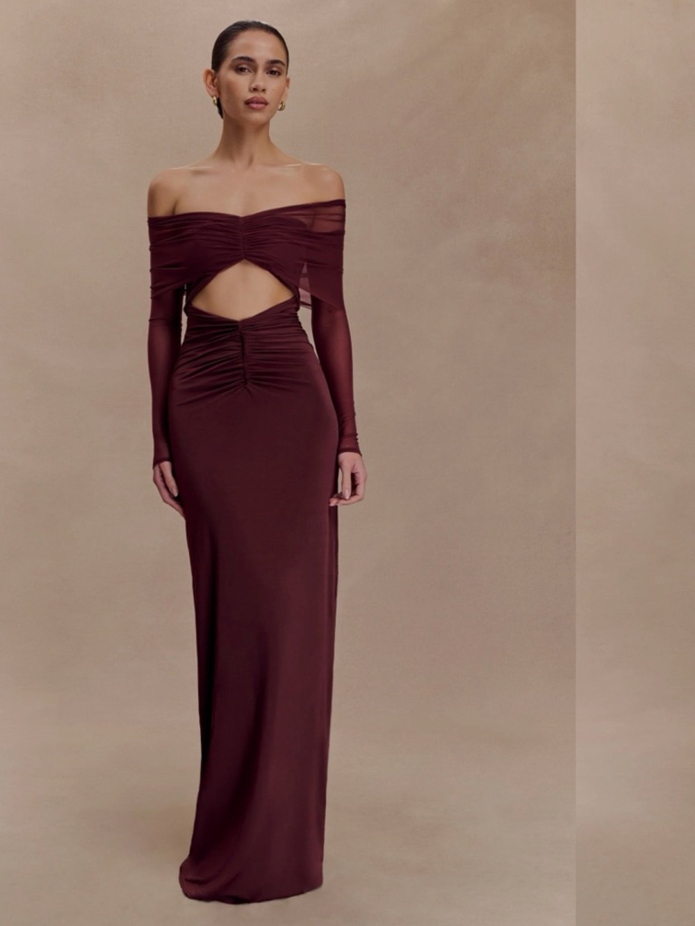 Meshki Off-Shoulder Sheer Burgundy Maxi Dress